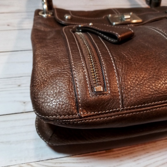 B Makowsky Genuine Bronze Pebbled Leather Satchel - Picture 2 of 13